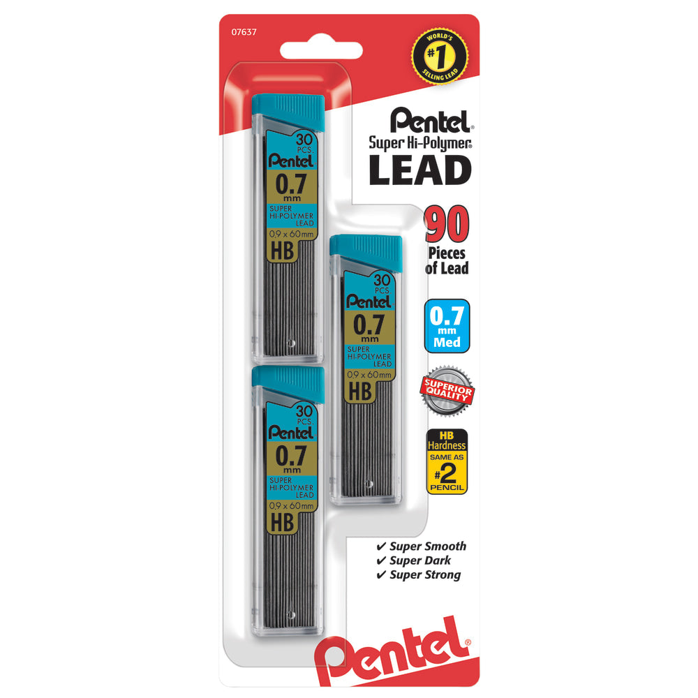 Pentel Super Hi-Polymer Leads, 0.7 mm, Medium, HB, 30 Leads Per Tube, Pack Of 3 Tubes