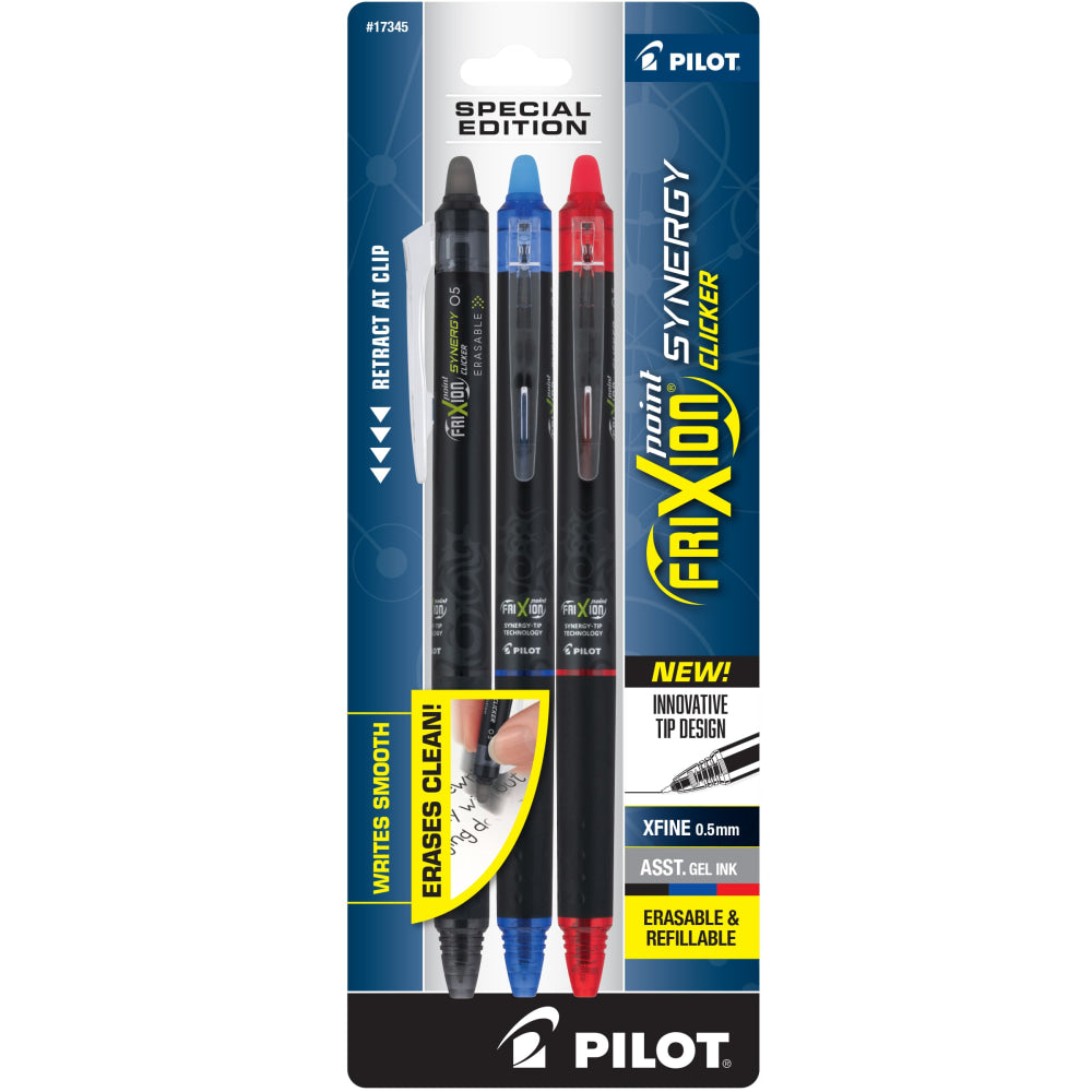 Pilot FriXion Synergy Clicker Erasable Retractable Gel Pens, Pack of 3, Extra-Fine Point, 0.5 mm, Black Barrel, Assorted Inks