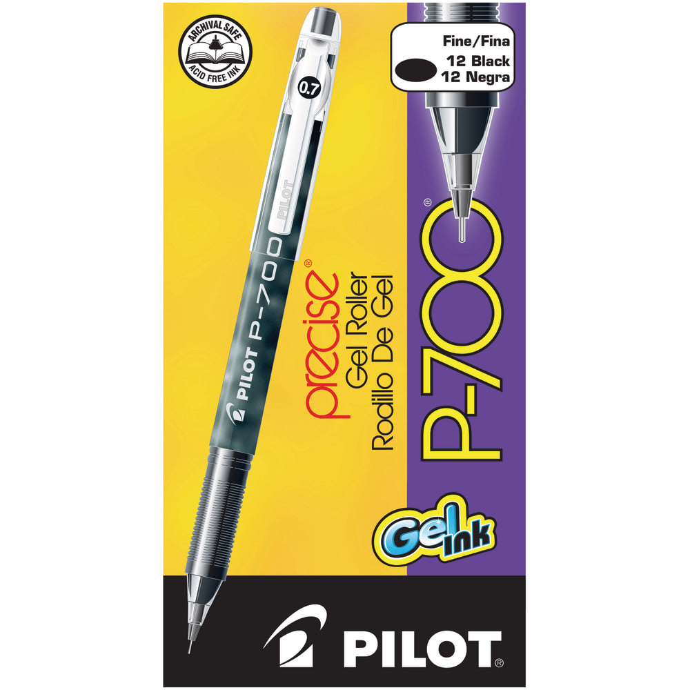 Pilot Gel Ink Rollerball Pens, P-700, Fine Point, 0.7 mm, Black Barrel, Black Ink, Pack Of 12 Pens