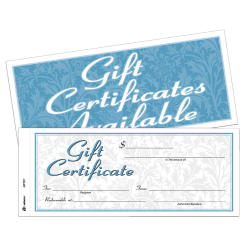 Adams 2-Part Gift Certificates Kit, 3 2/5in x 8 1/2in, White, Pack Of 25 Certificates/Envelopes