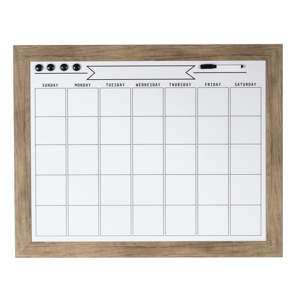 DesignOvations Beatrice Magnetic Framed Dry-Erase Monthly Calendar, Melamine, 23in x 29in, White, Rustic Brown Plastic Frame