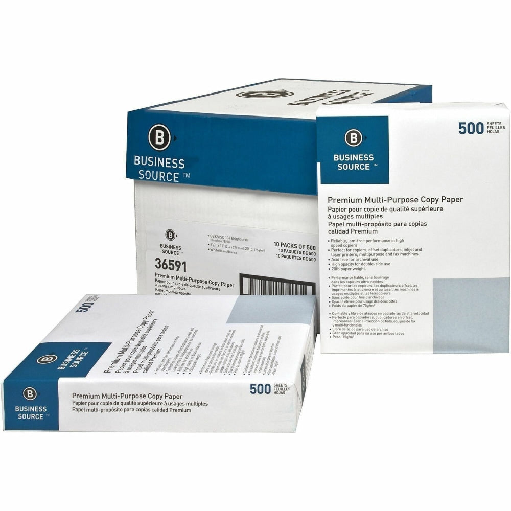 Business Source Premium Printer & Copy Paper, 400 Reams, White, Letter (8.5in x 11in), 200000 Sheets Per Pallet, 20 Lb, 92 Brightness