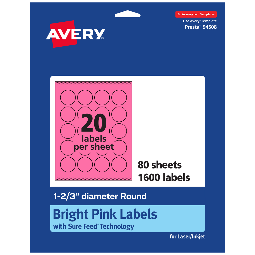 Avery Print-To-The-Edge Labels With Sure Feed Technology And Easy Peel Label Feature, 94508-BPP80, Round, 1-2/3in, Matte Bright Pink, Pack of 1600