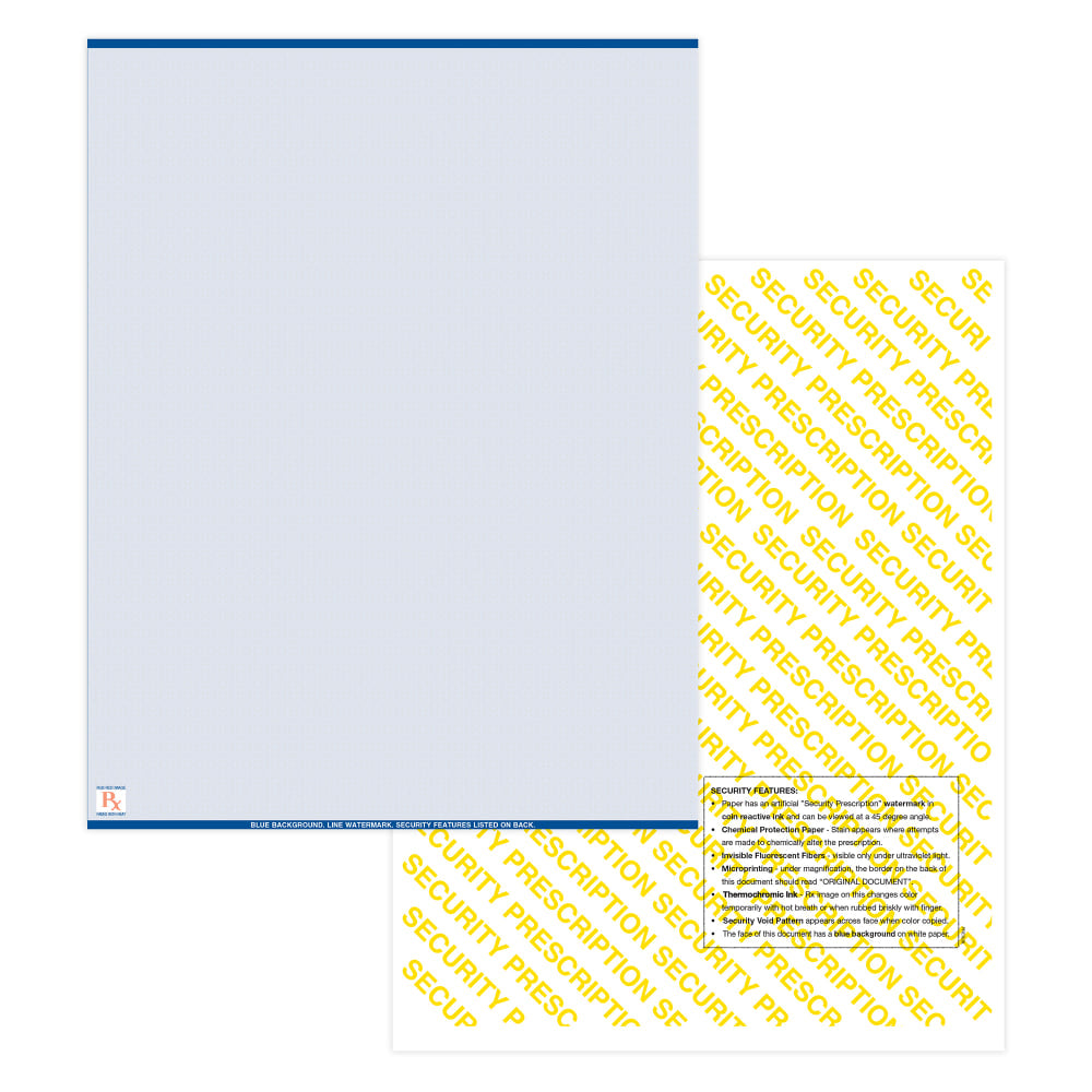 High Security Medicaid Compliant Laser RX Prescription Paper Stock -1 Up, 8.5in x 11in Sheet,  Blue, Pack Of 5,000 Sheets