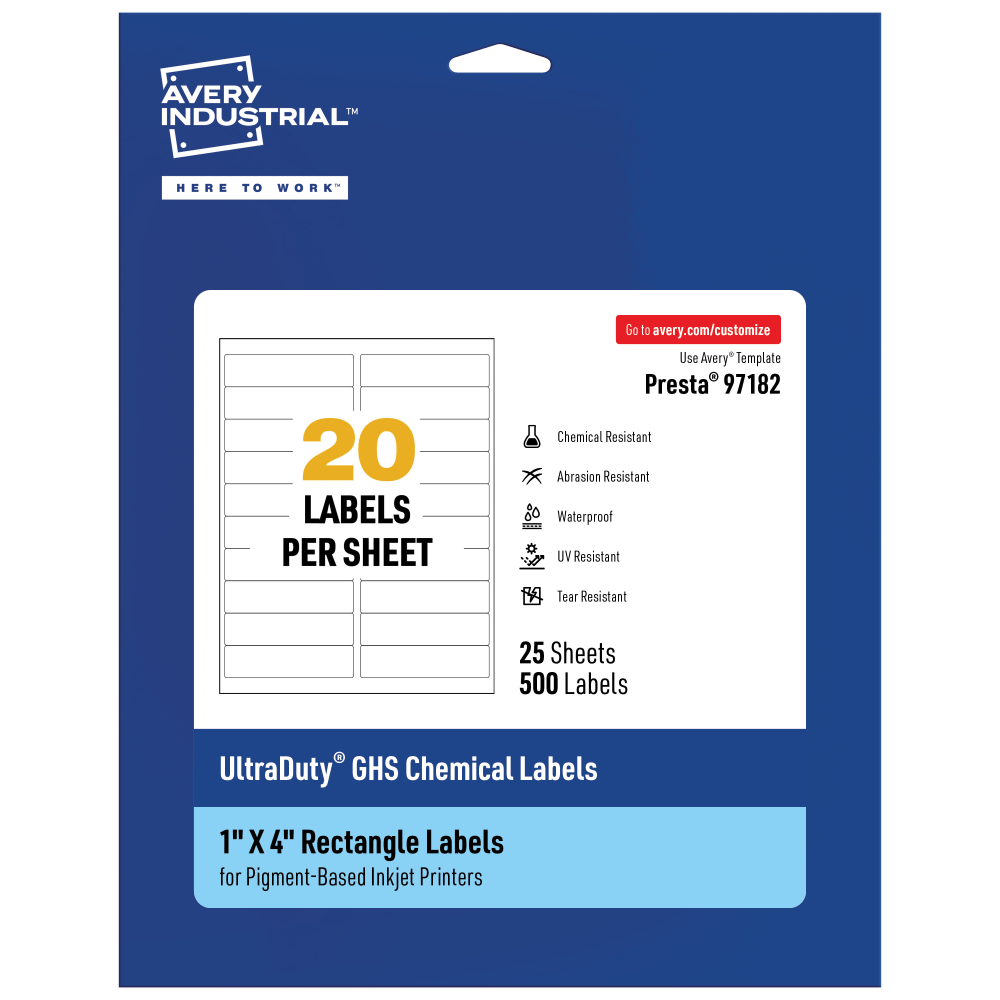 Avery Ultra Duty Permanent GHS Chemical Labels, 97182-WMUI25, Rectangle, 1in x 4in, White, Pack Of 500