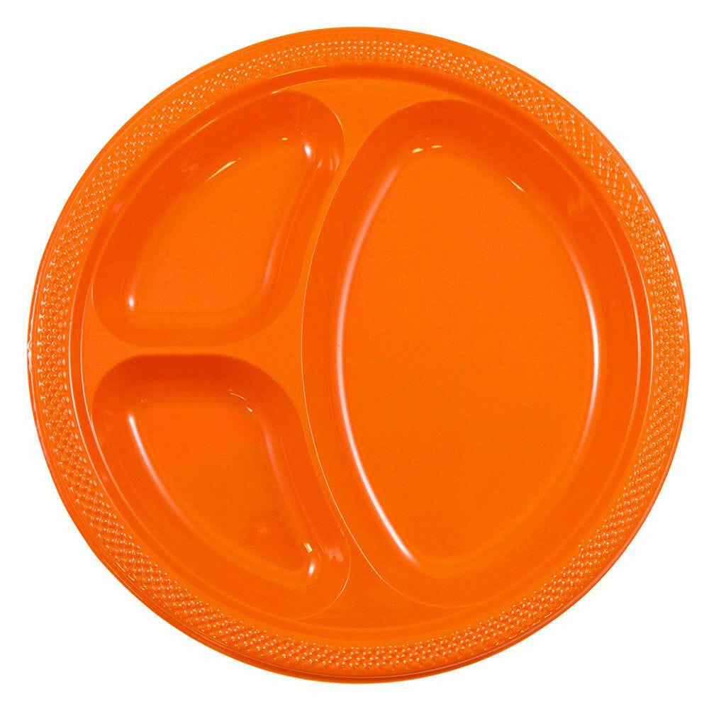 JAM PAPER Plastic 3 Compartment Divided Plates, Large, 10 1/4 inch, Orange, 20/Pack