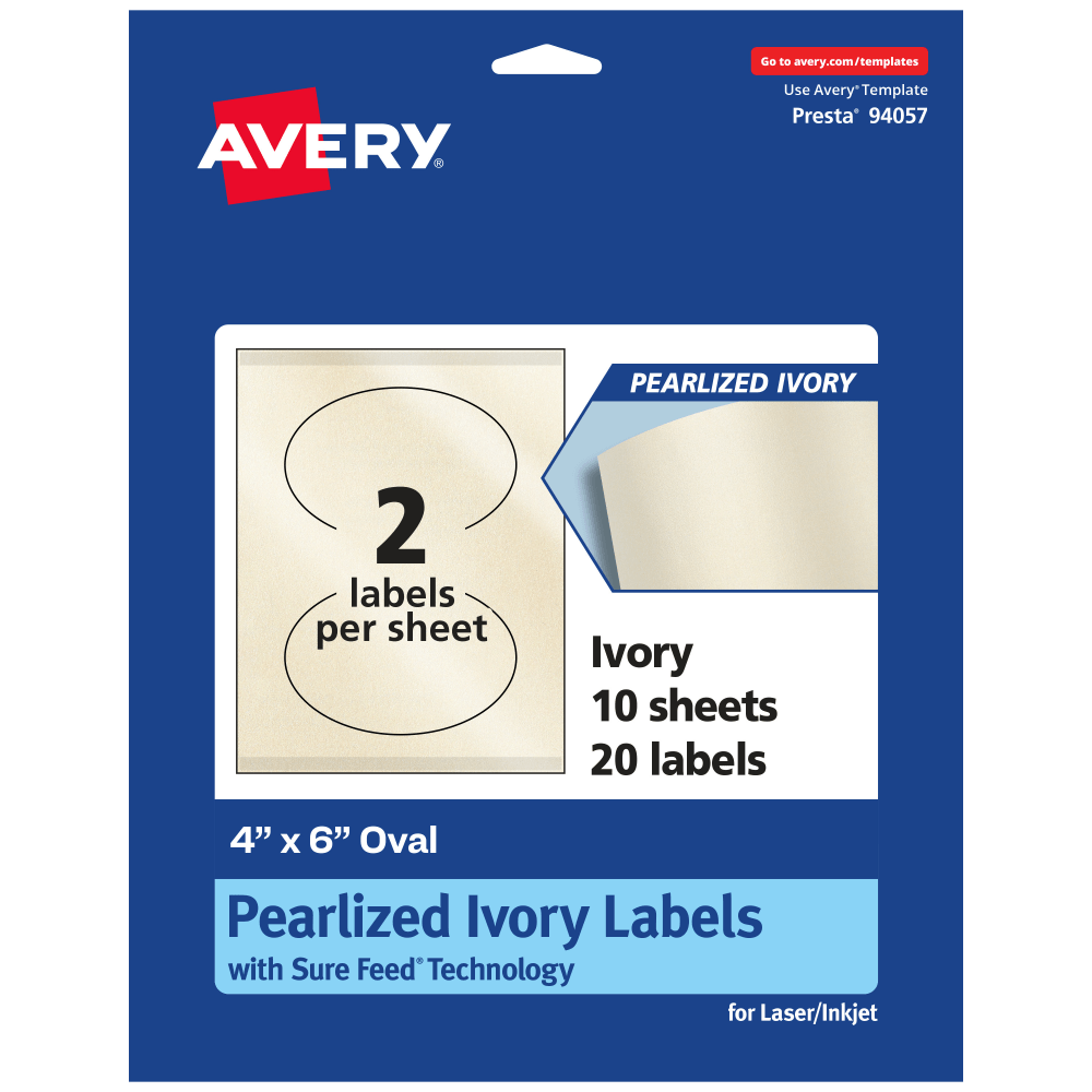 Avery Pearlized Permanent Labels With Sure Feed, 94057-PIP10, Oval, 4in x 6in, Ivory, Pack Of 20 Labels