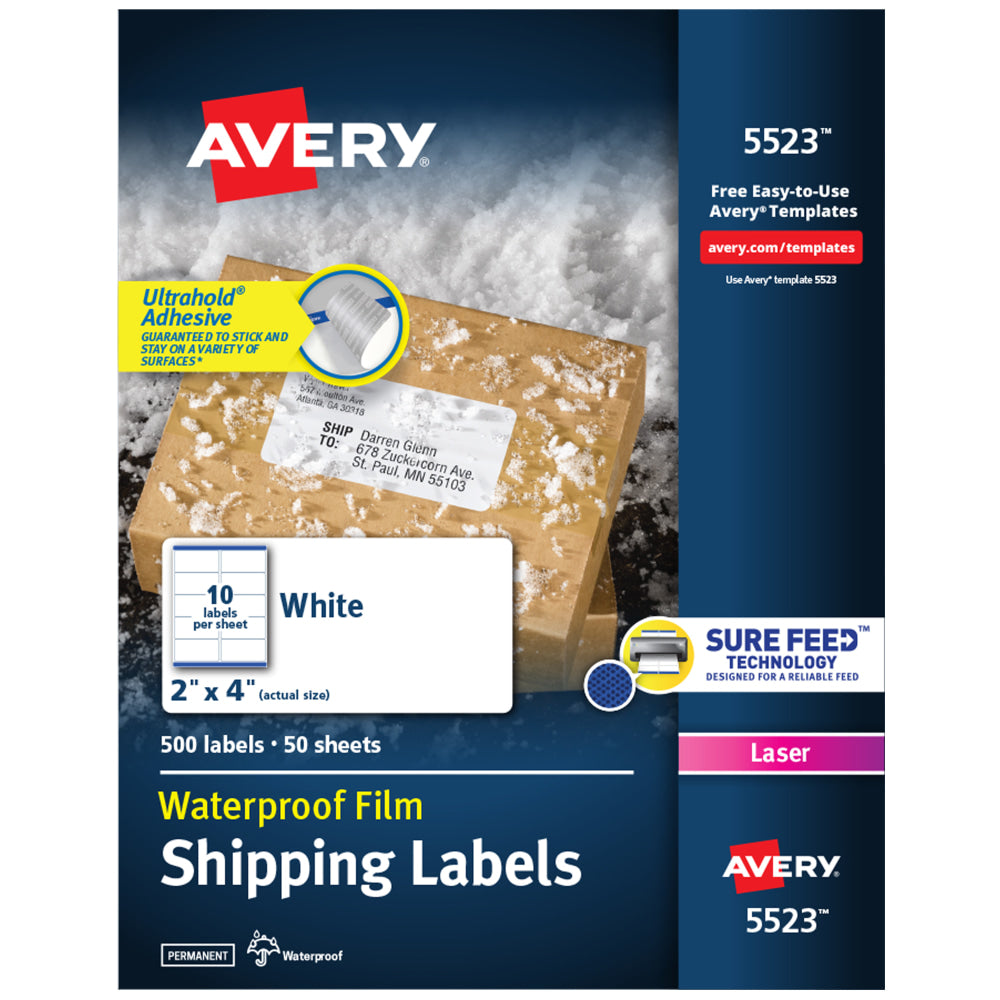 Avery Waterproof Labels With Ultrahold, 05523, Rectanlge, 2in x 4in, White, 500 Labels For Laser Printers