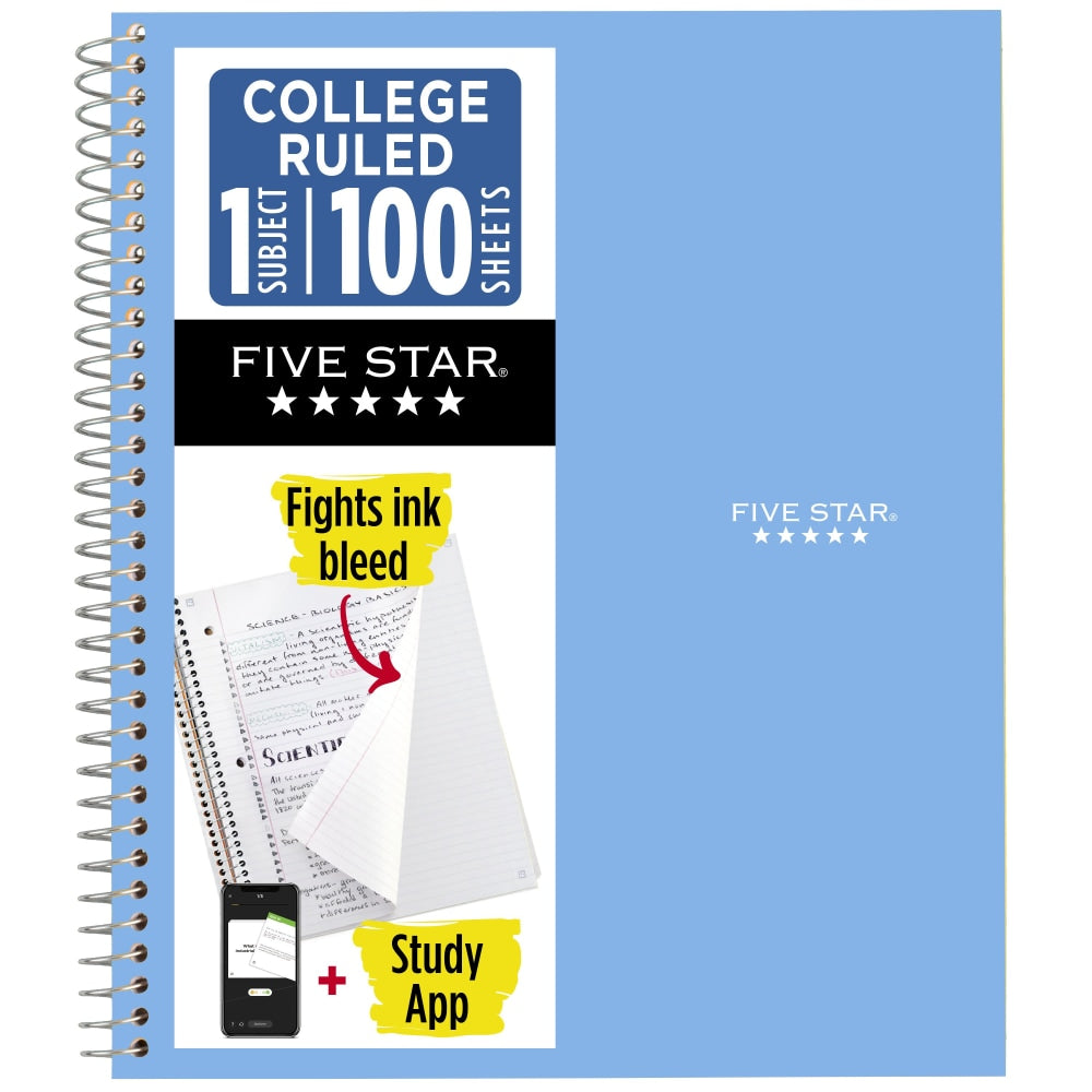 Five Star Wirebound Notebook Plus Study App, 1 Subject, College Ruled, 8 1/2in x 11in, Sky Blue