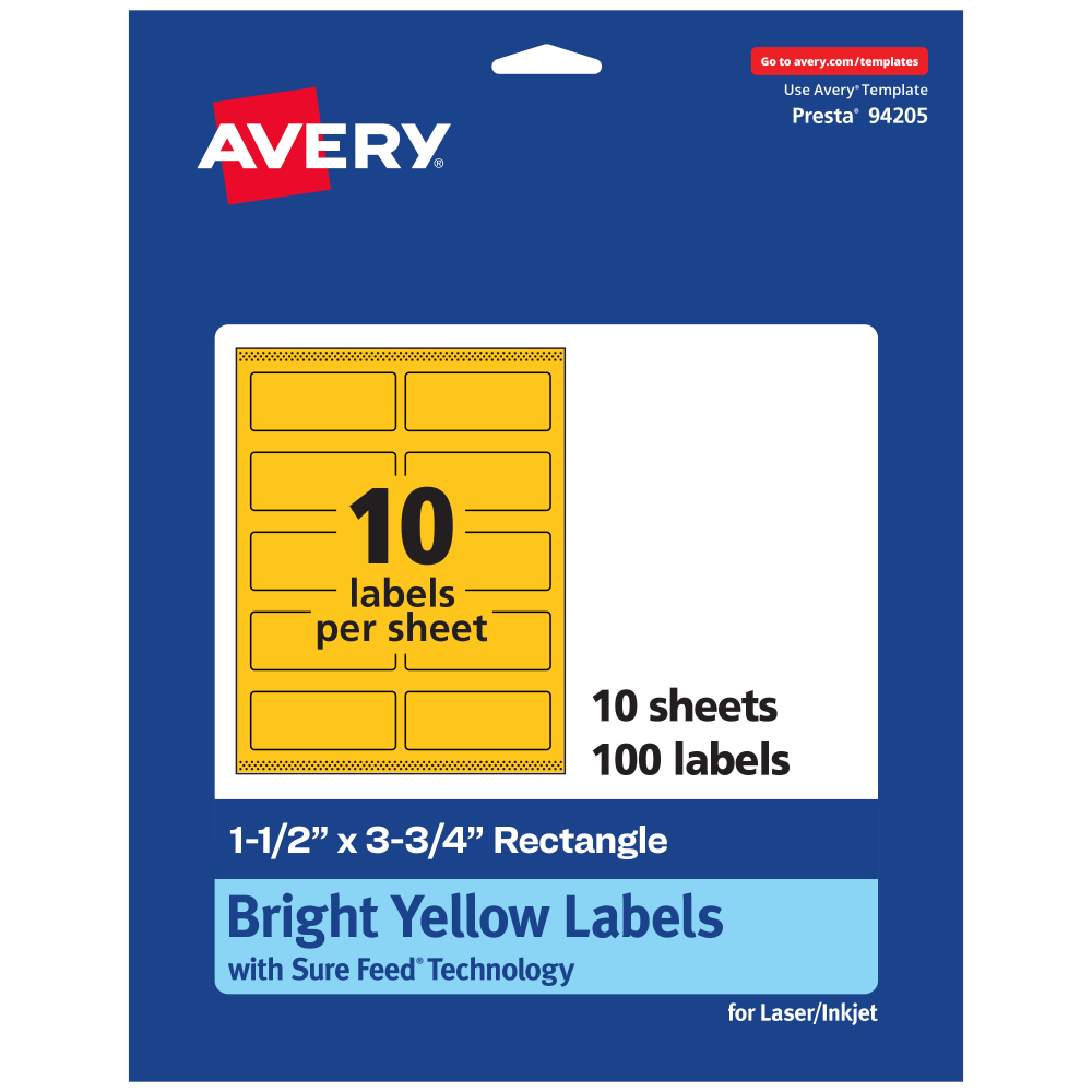 Avery Print-To-The-Edge Labels With Sure Feed Technology And Easy Peel, 94205-BYP10, Rectangle, 1-1/2in x 3-3/4in, Matte Bright Yellow, Pack of 100