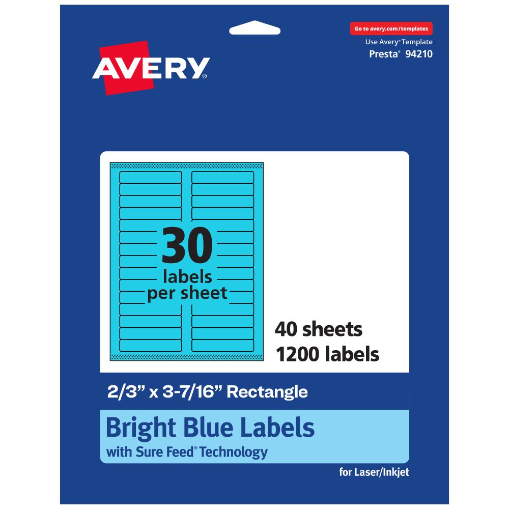 Avery Printable Labels With Sure Feed Technology, 94210-BBP40, Rectangle, 2/3in x 3-7/16in, Matte Bright Blue, Pack of 1200