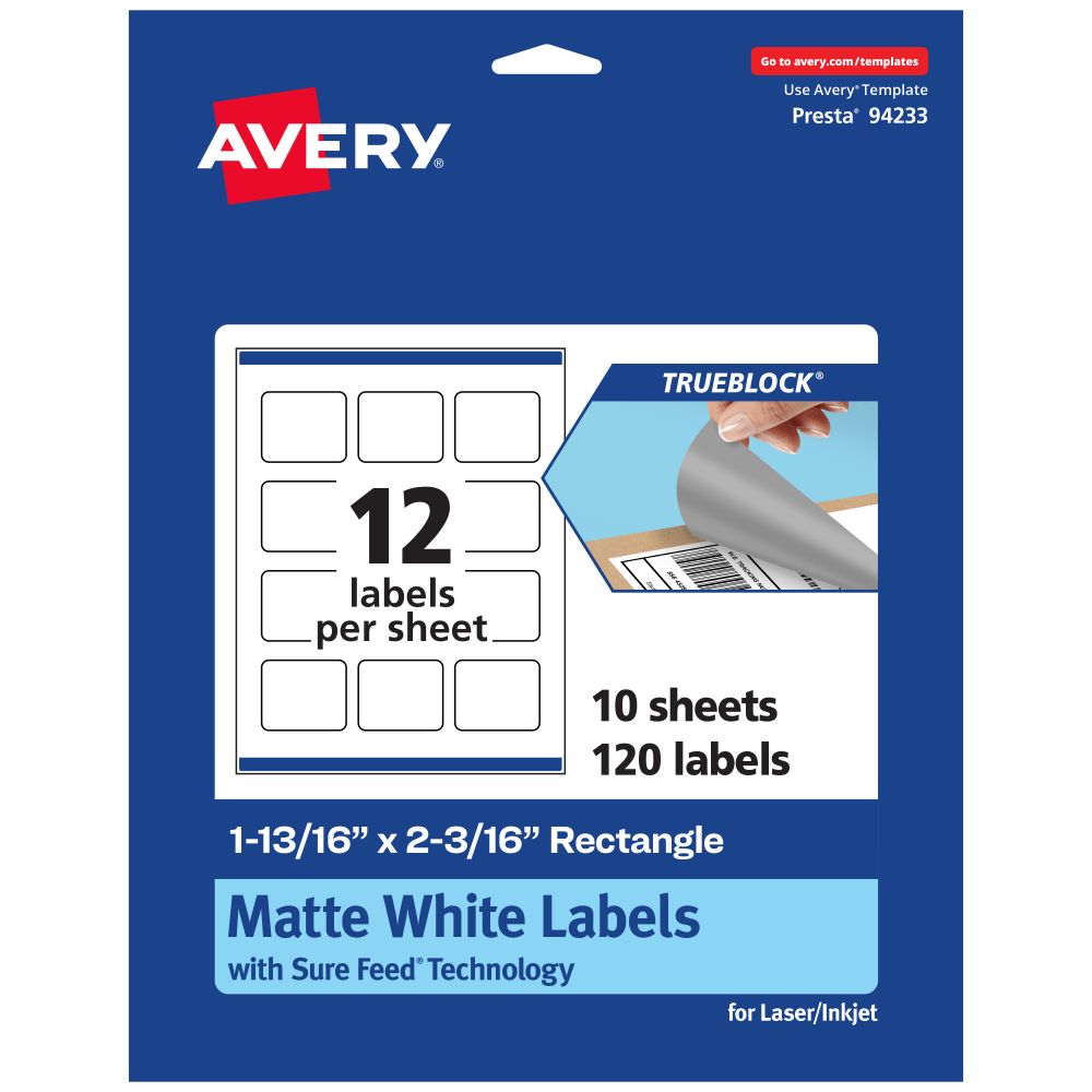 Avery Print-To-The-Edge TrueBlock Labels With Sure Feed, 94233-TWMP10, Rectangle, 1-13/16in x 2-3/16in, Matte White, Pack Of 120
