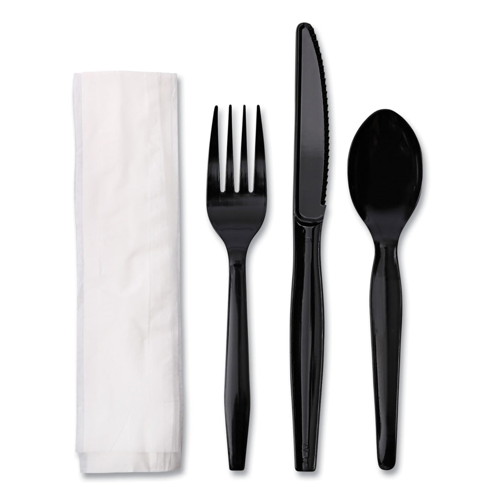Boardwalk 4-Piece Cutlery Kits, Fork/Knife/Napkin/Teaspoon, Black, Carton Of 250 Kits