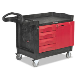 Rubbermaid Commercial TradeMaster Cart with One Door, Plastic, 3 Shelves, 4 Drawers, 750 lb Capacity, 26.25in x 49in x 38in, Black