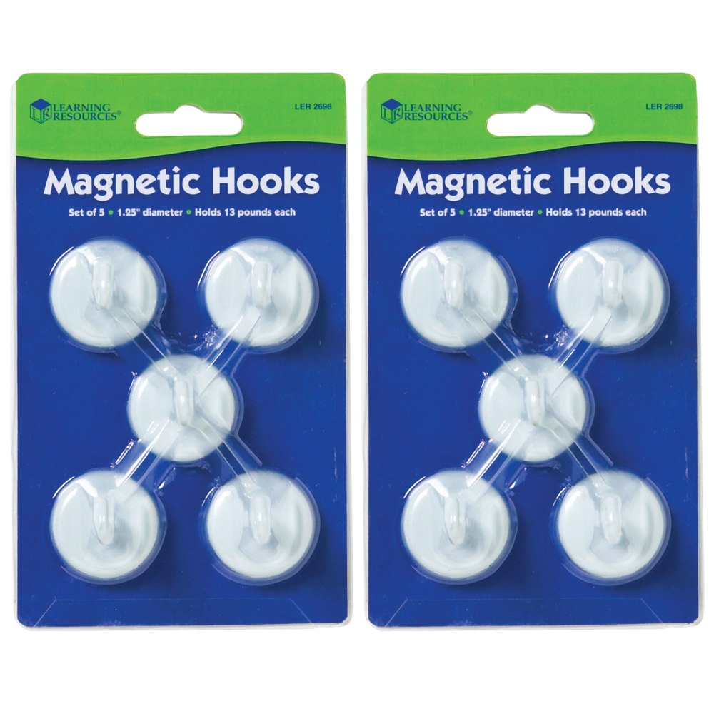 Learning Resources Magnetic Hooks, 1 1/4in, 13 Lb, White, 5 Hooks Per Pack, Set Of 2 Packs