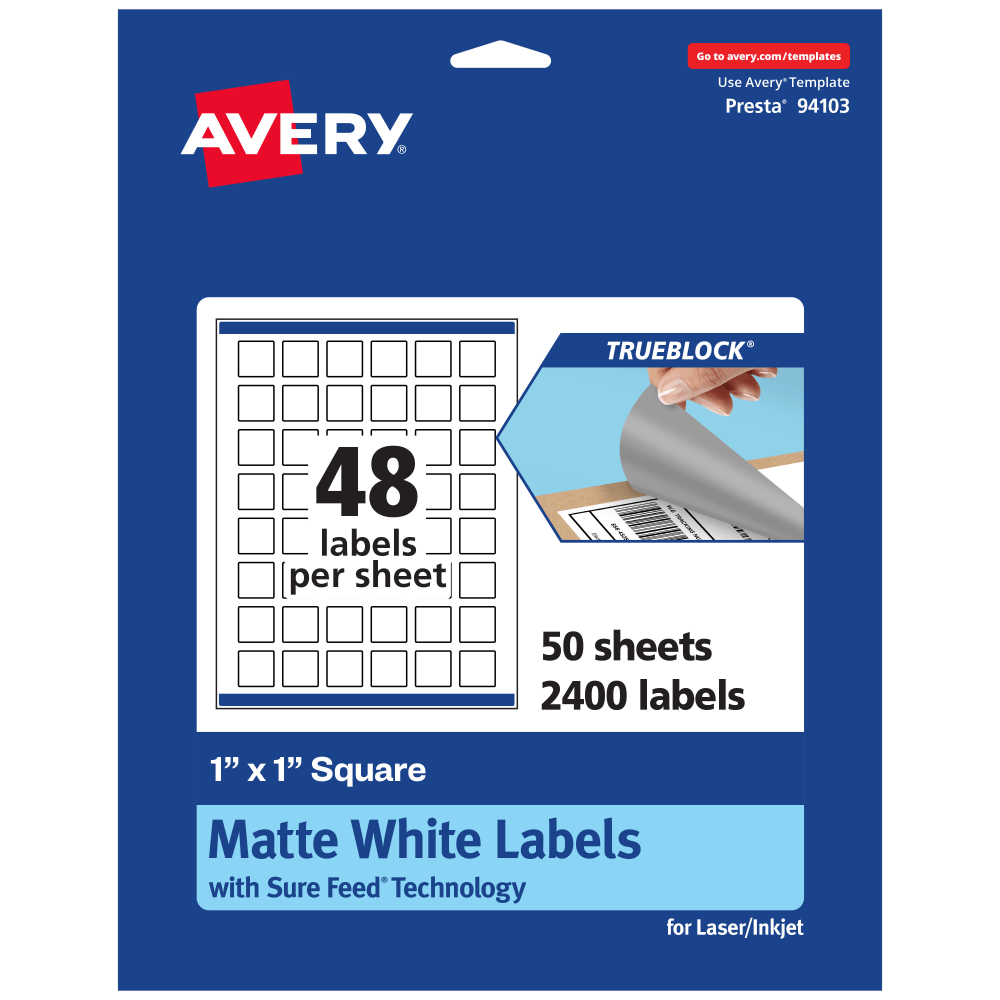 Avery Print-To-The-Edge TrueBlock Labels With Sure Feed, 94103-TWMP50, Square, 1in x 1in, Matte White, Pack Of 2400