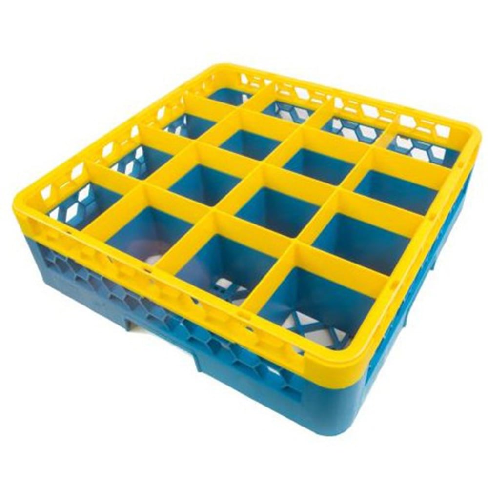 Carlisle Opticlean 16-Compartment Glass Rack With Extender, 5-1/2inH x 19-7/8inW x 19-7/8inD, Blue/Yellow