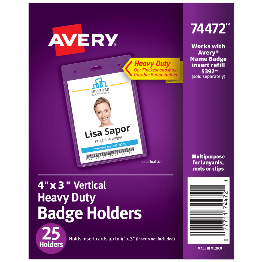 Avery Secure Top Badge Holders, Vertical Prepunched, 4in x 3in Badge, Clear, Box Of 25