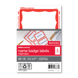 Office Depot Brand Name Badge Labels, 2 11/32in x 3 3/8in, Red Border, Pack Of 100