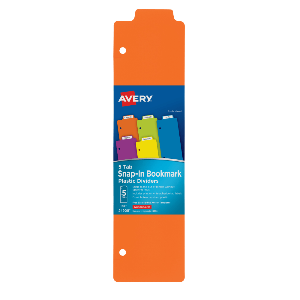 Avery Tabbed Snap-In Bookmark Plastic Dividers, 3in x 11-1/2in, Multicolor, Pack Of 5