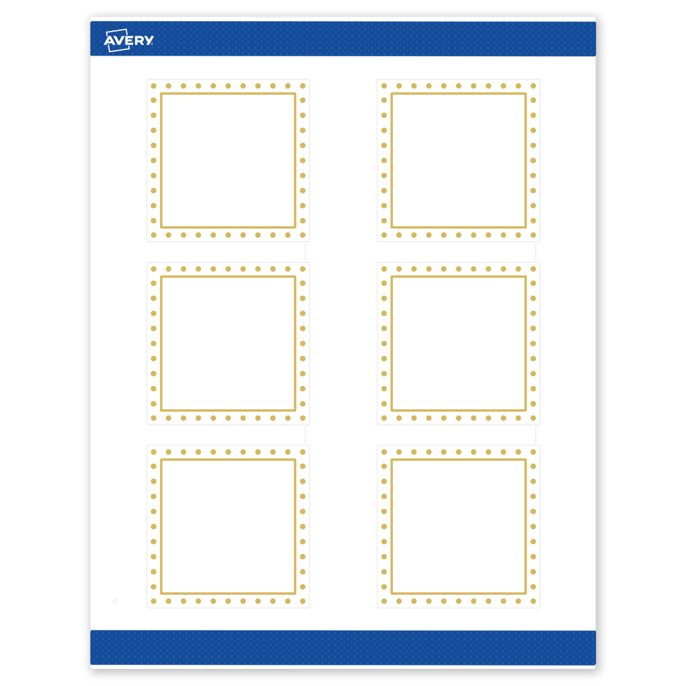 Avery Print-To-The-Edge Labels & Sure Feed, S00-DHZ-PRWMP10, 3in x 3in, Matte White, Preprinted Gold Border & Gold Dots Design, Pack Of 60