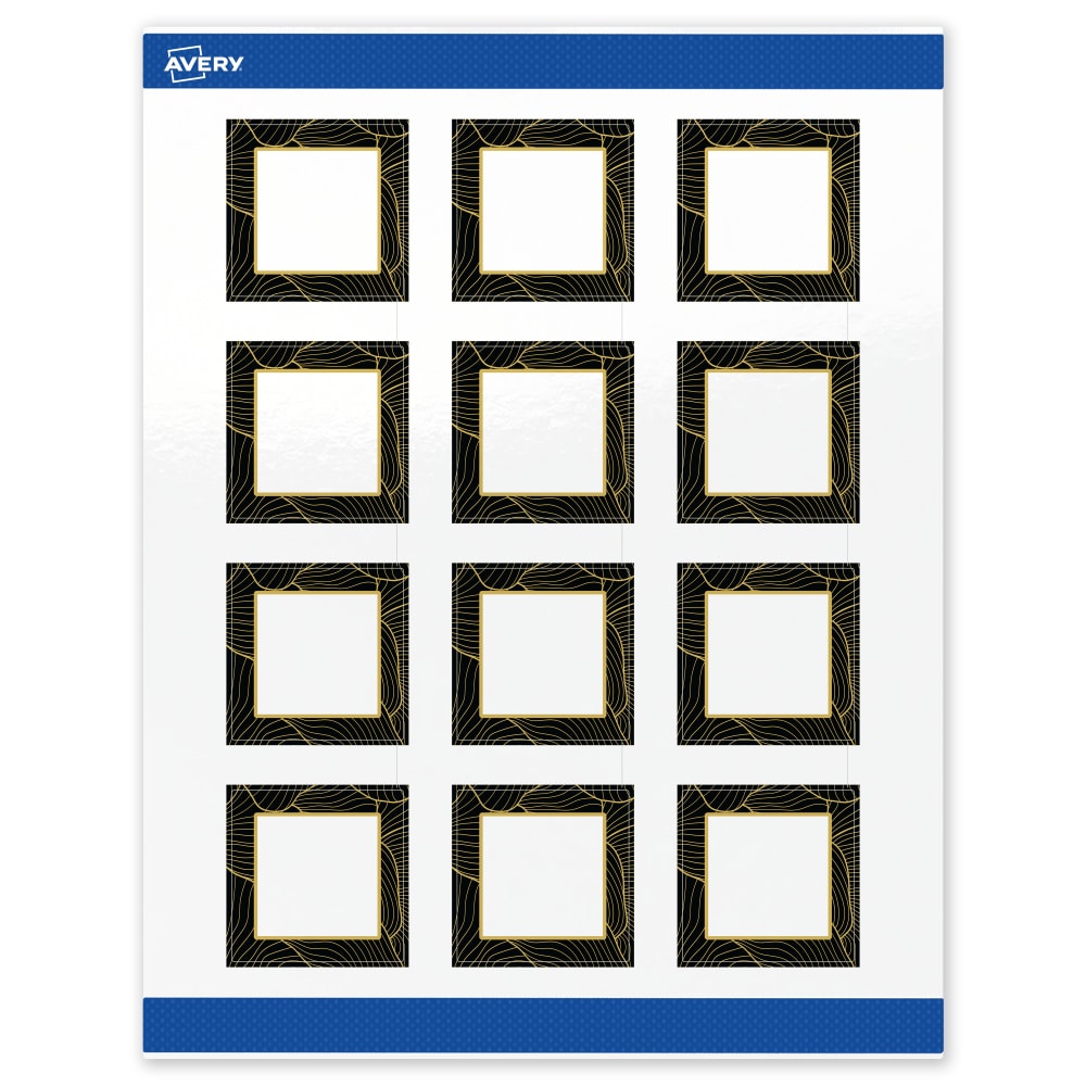 Avery Printable Labels With Sure Feed Technology, S00-ETE, Square, 2in x 2in, Glossy White With Preprinted Black/Gold Vein Border, Pack Of 120