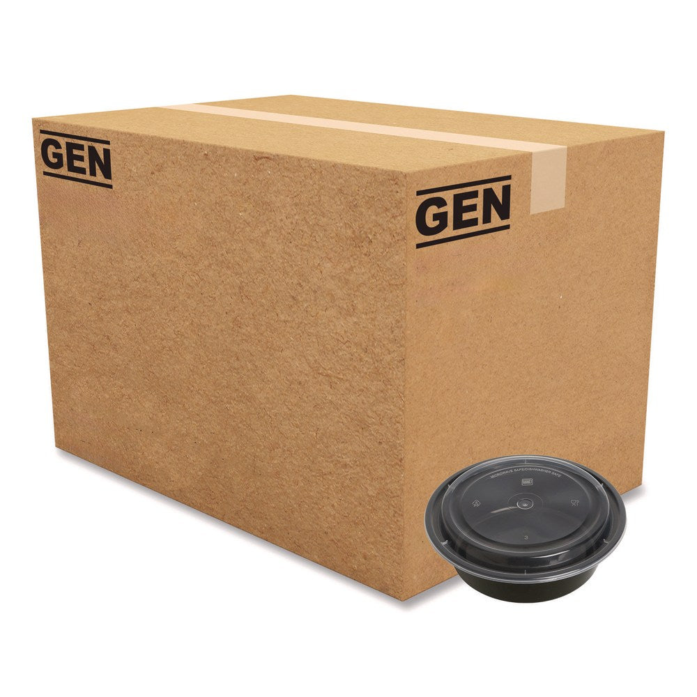 GEN Plastic Food Containers With Lids, 32 Oz, 2-9/16inH x 7-5/16inW x 7-5/16inD, Black/Clear, Pack Of 150 Containers
