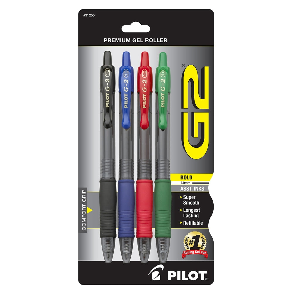 Pilot G2 Retractable Gel Pens, Bold Point, 1.0 mm, Assorted Barrels, Assorted Ink Colors, Pack Of 4