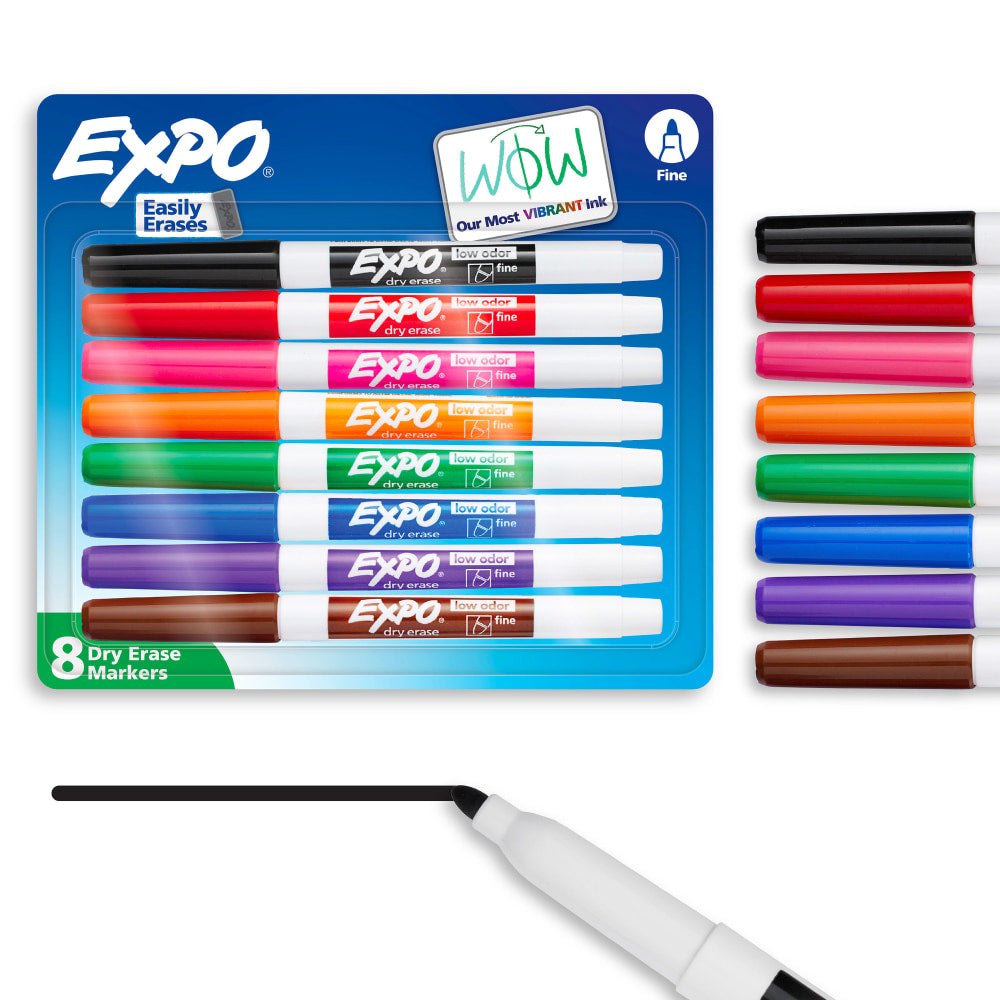EXPO Low-Odor Dry-Erase Markers, Fine Point, Assorted Colors, Pack Of 8