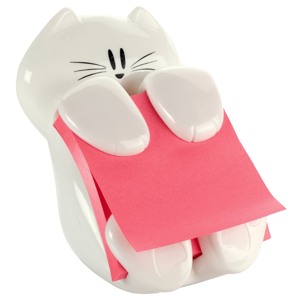 Post-it Note Dispenser, 3 in x 3 in, 1 Dispenser, 1 Pad, 45 Sheets/Pad, White Cat Design, Sticky Notes Holder for Desk, Classroom or Office Supplies