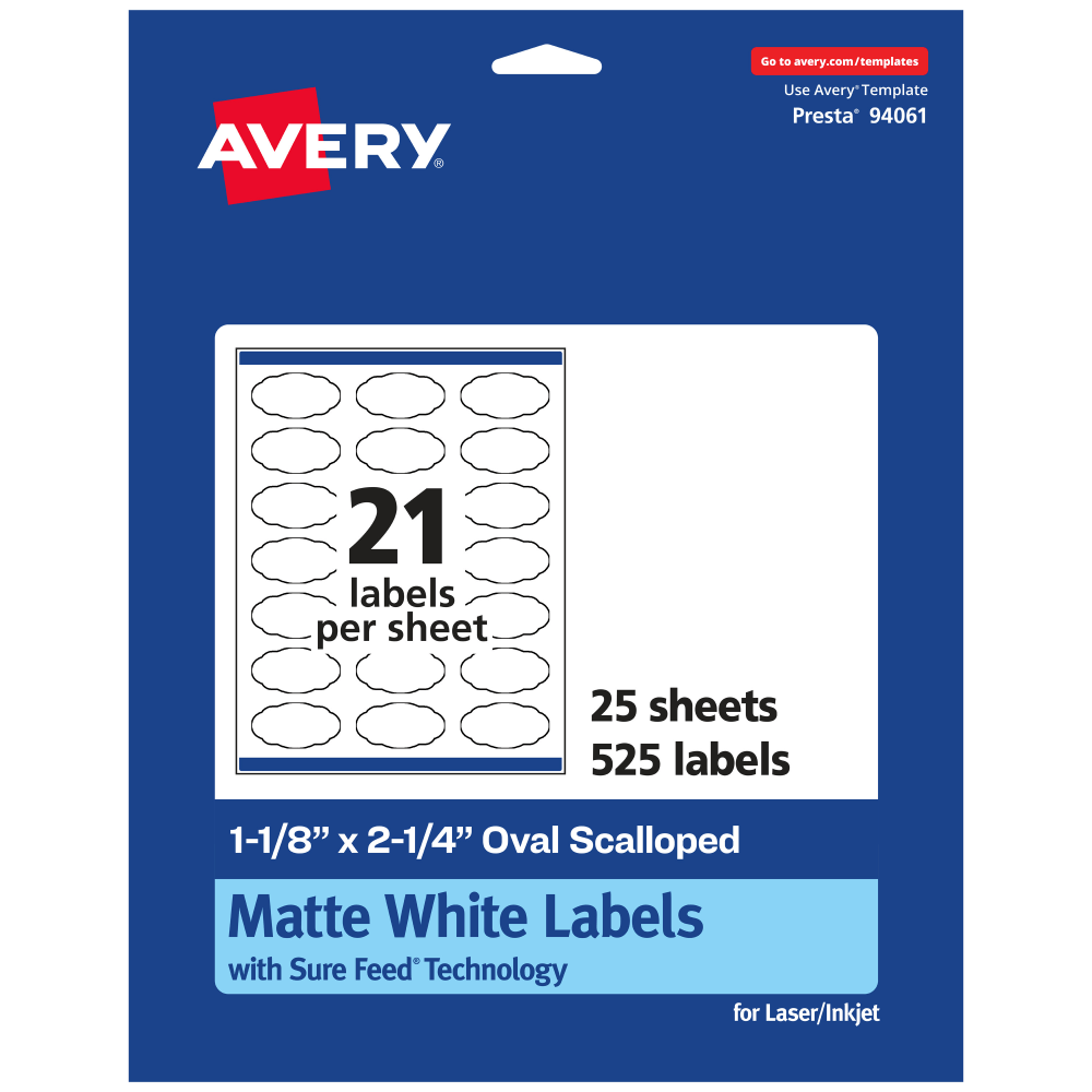 Avery Permanent Labels With Sure Feed, 94061-WMP25, Oval Scalloped, 1-1/8in x 2-1/4in, White, Pack Of 525