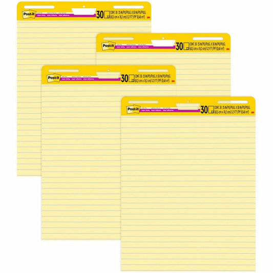 Post-it Super Sticky Easy Pads, 25 x 30 in, 4 Pads, 30 Sheets/Pad, Lined, Back to School Supplies for Classrooms, Yellow