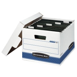 Bankers Box Hang"Nstor Medium-Duty Storage Boxes, Letter Size, 15in x 12 1/4in x 9 3/4in, White/Blue, Case Of 4 - 784