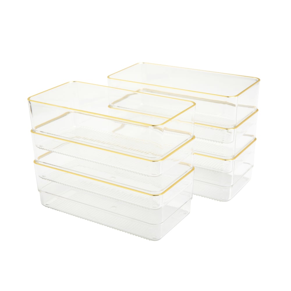 Martha Stewart Kerry Plastic Stackable Office Desk Drawer Organizers, 2inH x 3inW x 6inD, Clear/Gold Trim, Pack Of 6 Organizers