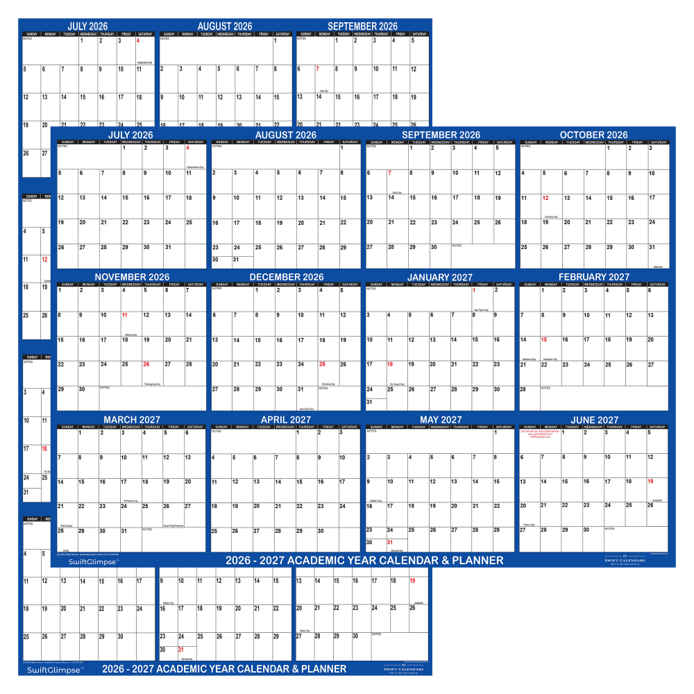 2026-2027 SwiftGlimpse Academic Monthly Wall Calendar, 18in x 24in, Navy/White, July To June, Total Qty 1