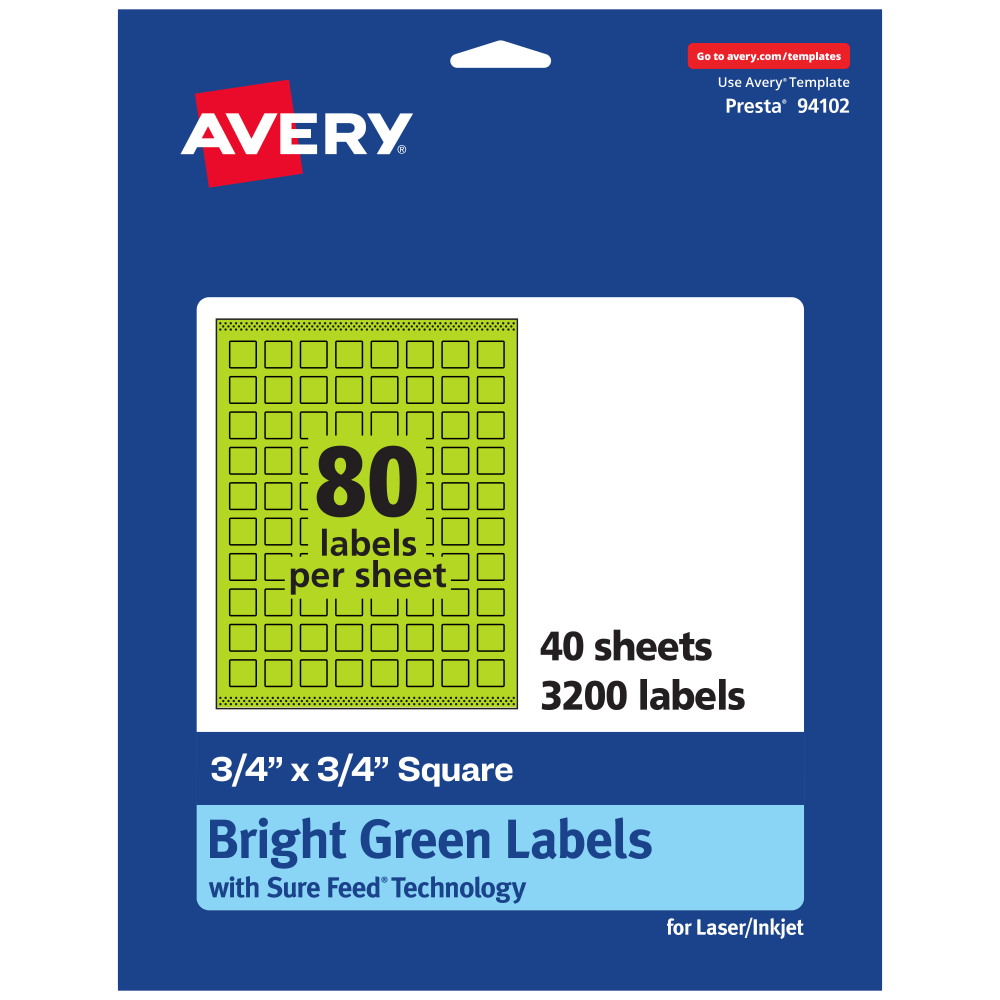 Avery Print-To-The-Edge Labels With Sure Feed Technology And Easy Peel, 94102-BGP40, Square, 3/4in x 3/4in, Matte Bright Green, Pack of 3200