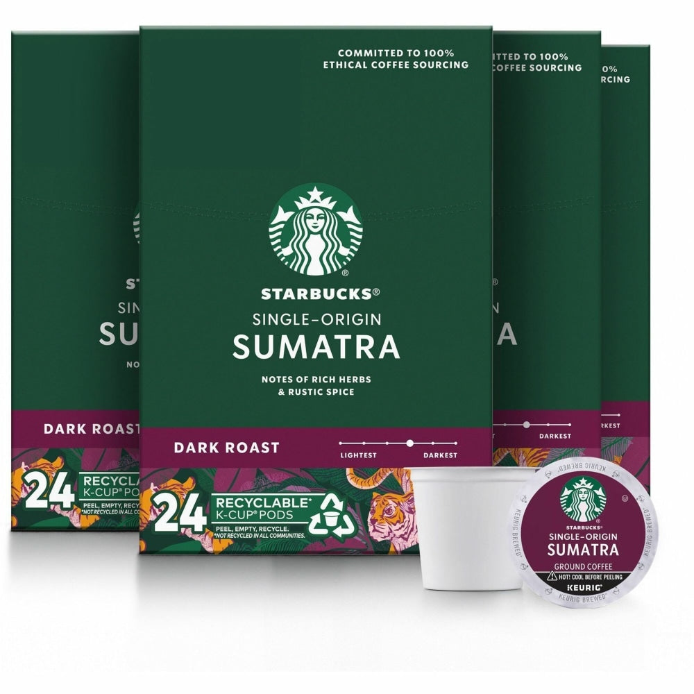 Starbucks K-Cup Sumatra Blend Coffee, Dark Roast, 24 Pods Per Case, Carton Of 4 Cases