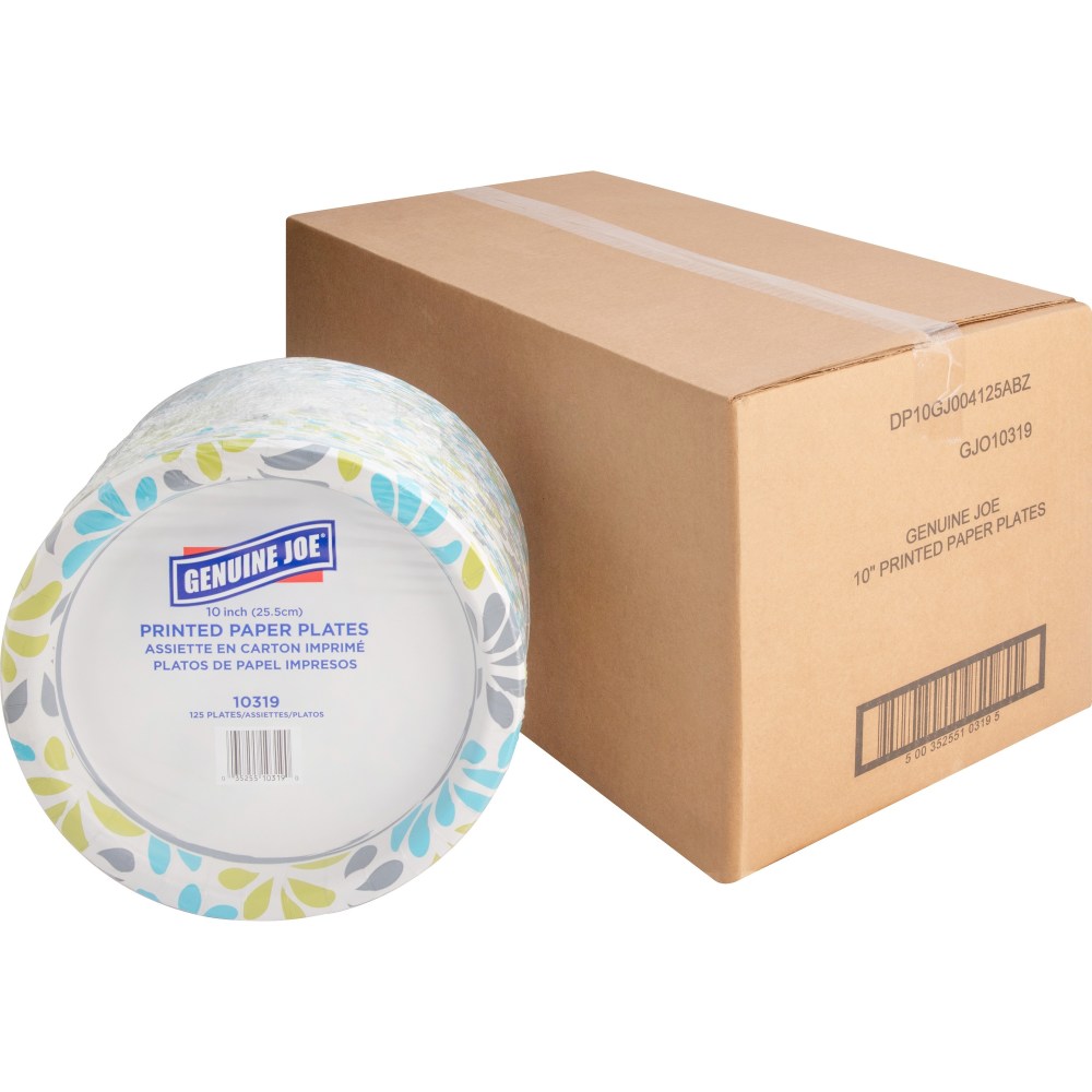 Genuine Joe Printed Paper Plates, 10in, Pack Of 125