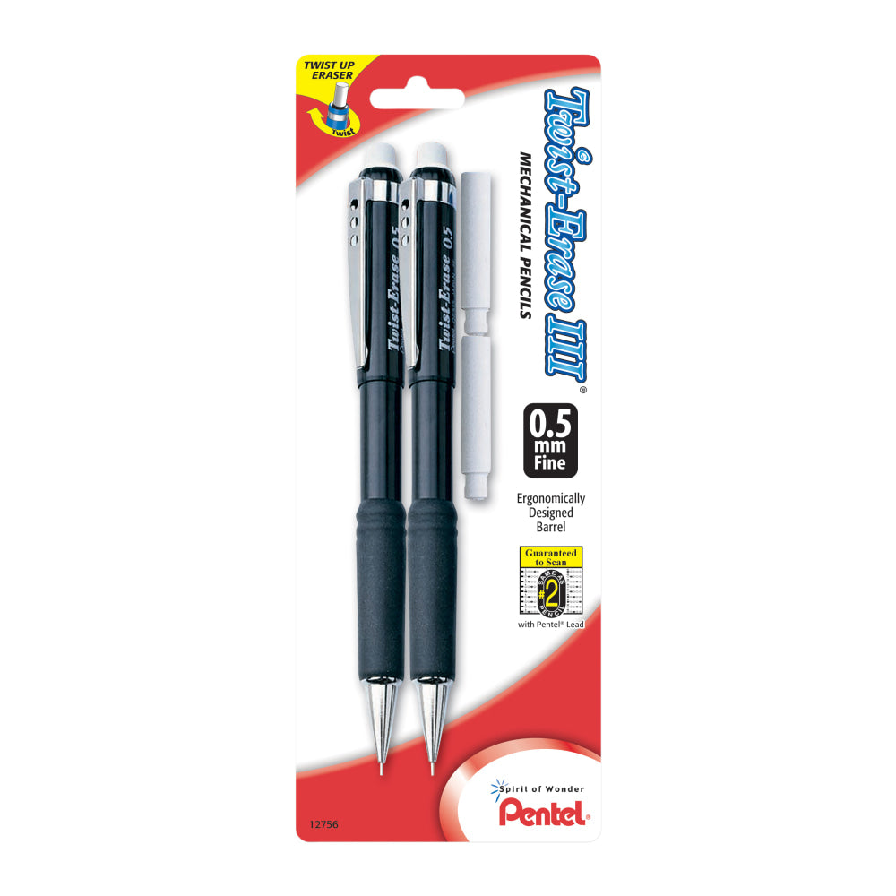 Pentel Twist-Erase III Mechanical Pencils, 0.5mm, #2 Lead, Assorted Barrel Colors, Pack Of 2