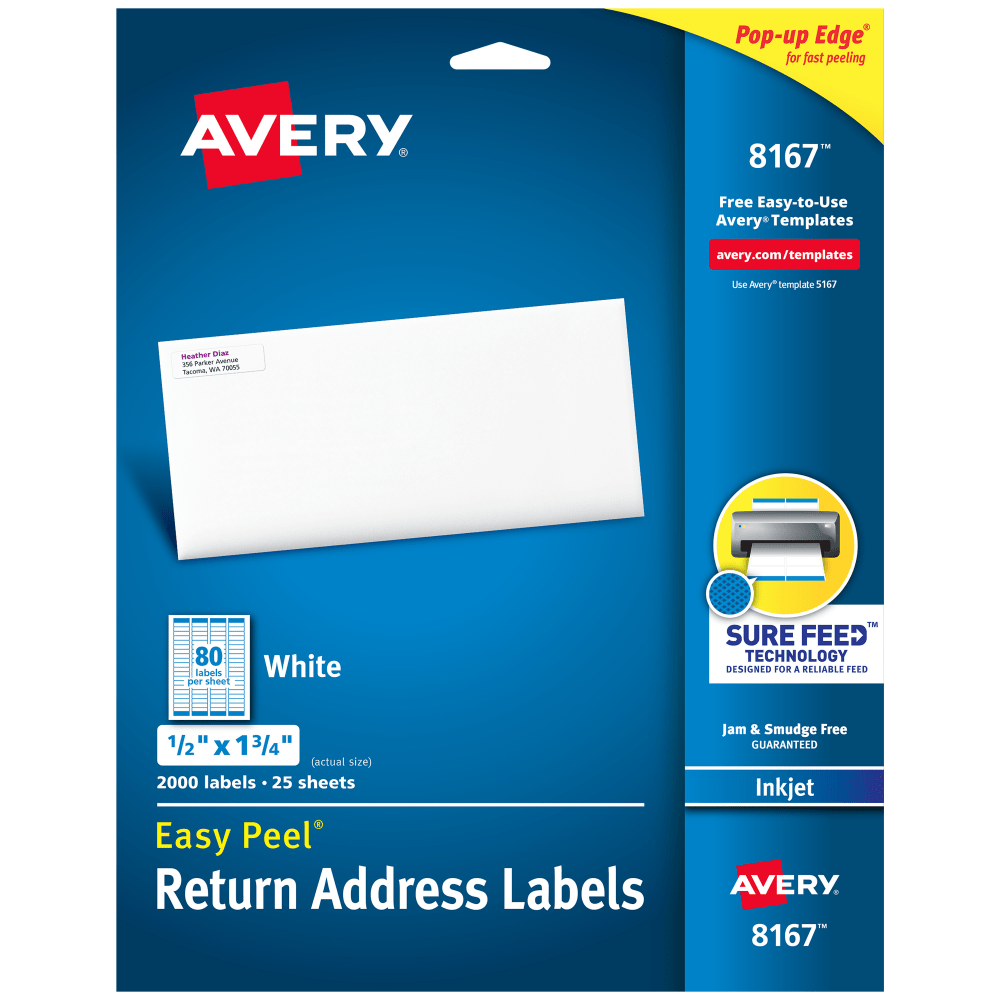 Avery Easy Peel Address Labels With Sure Feed Technology, 8167, Rectangle, 1/2in x 1-3/4in, Matte White, Pack Of 2,000