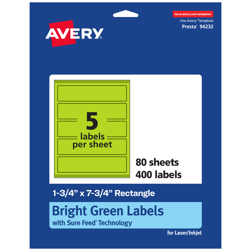 Avery Print-To-The-Edge Labels With Sure Feed Technology, 94232-BGP80, Rectangle, 1-3/4in x 7-3/4in, Matte Bright Green, Pack of 400