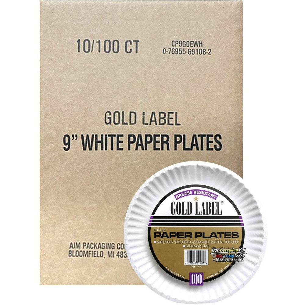 AJM Gold Label 9in Dinnerware Paper Plates  Serving  Disposable  Microwave Safe  9in Diameter  White  Paper Body  100 Pack  10 / Carton