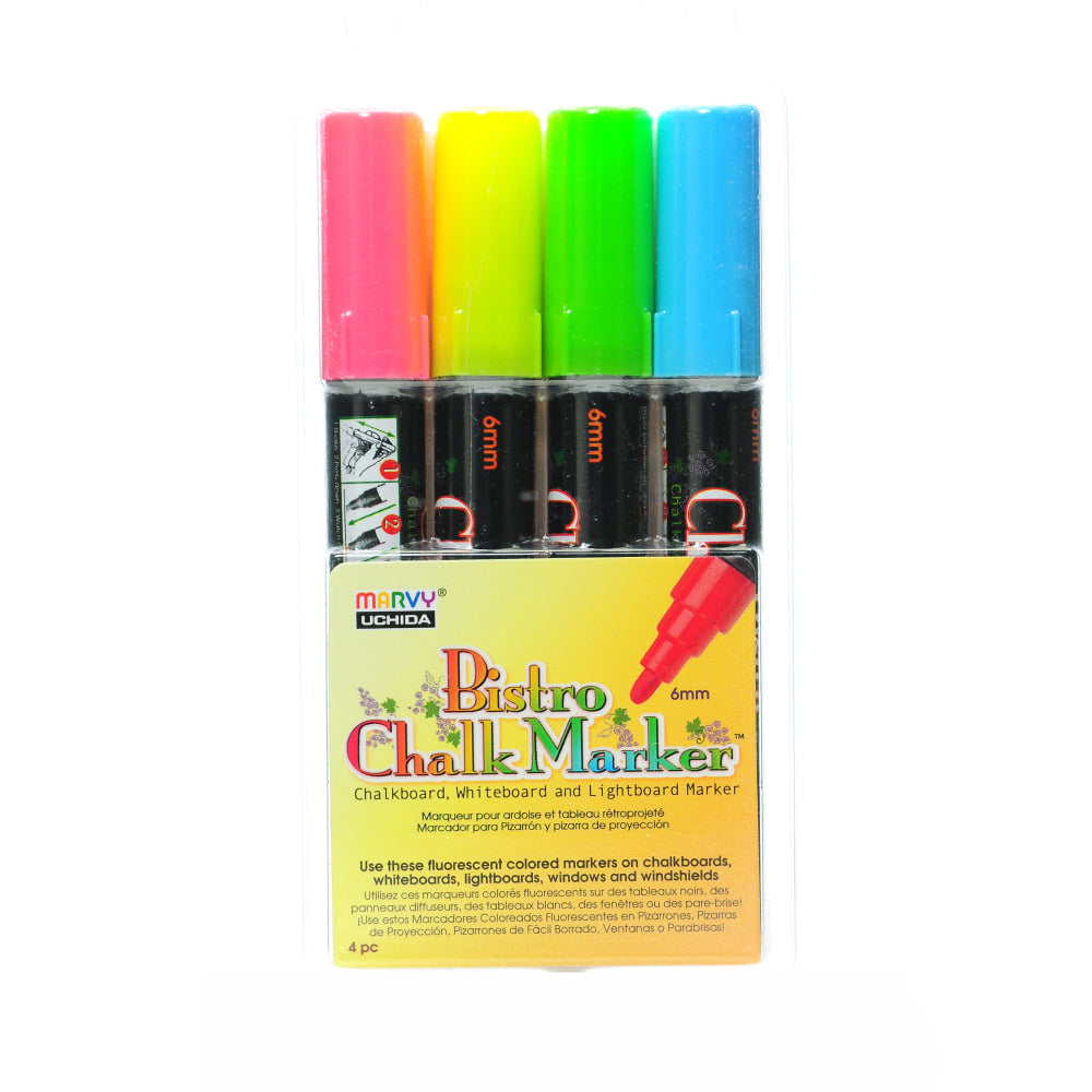 Marvy Uchida Bistro Chalk Markers, 4 Markers Per Set, Pack Of 2 Sets, Broad Point, Fluorescent, 8 Markers