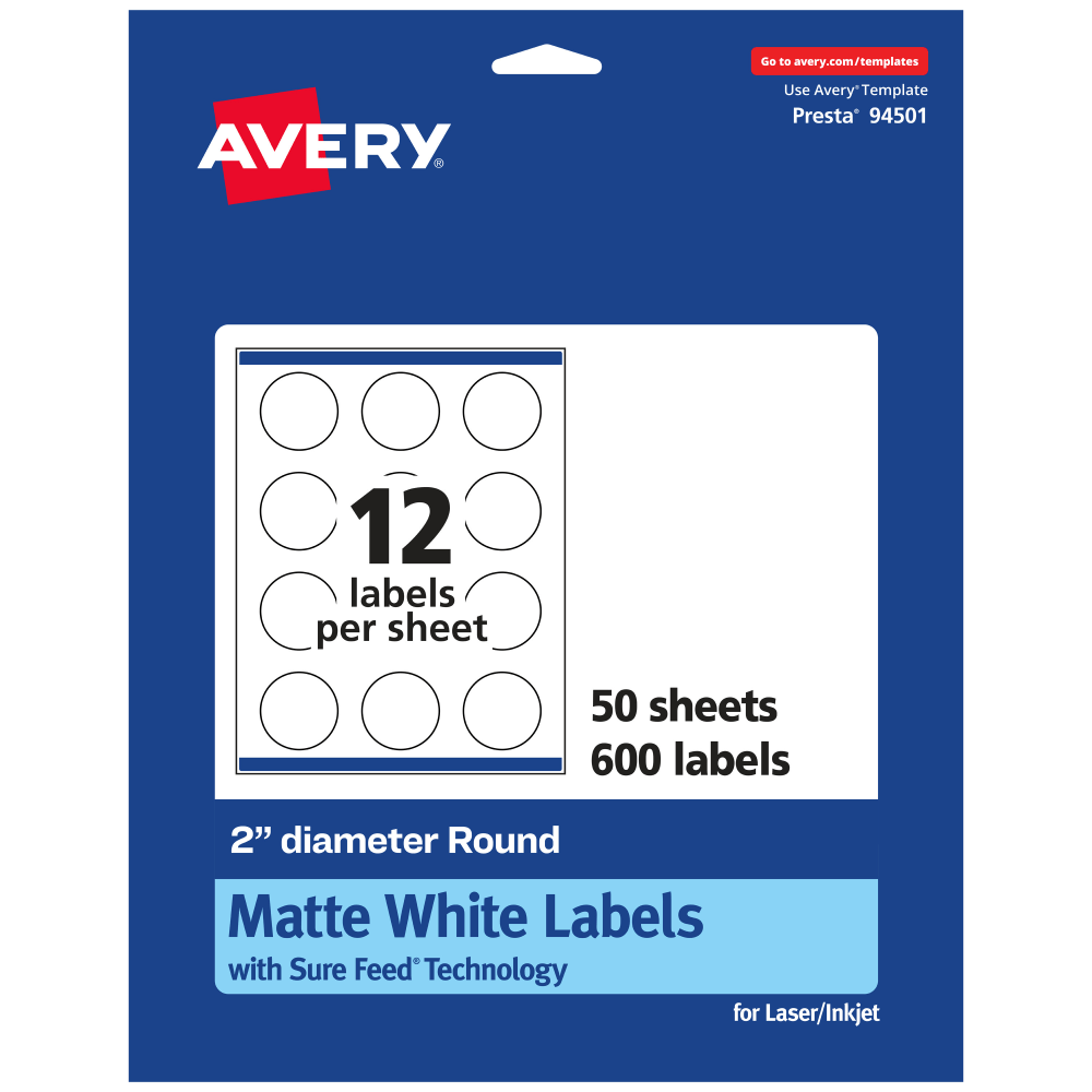 Avery Permanent Labels With Sure Feed, 94501-WMP50, Round, 2in Diameter, White, Pack Of 600
