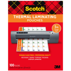 Scotch Thermal Laminating Pouches, 8.9in x 11.4in, 100 Laminating Sheets, 3 mil., Fits Letter Size, 100/Pack