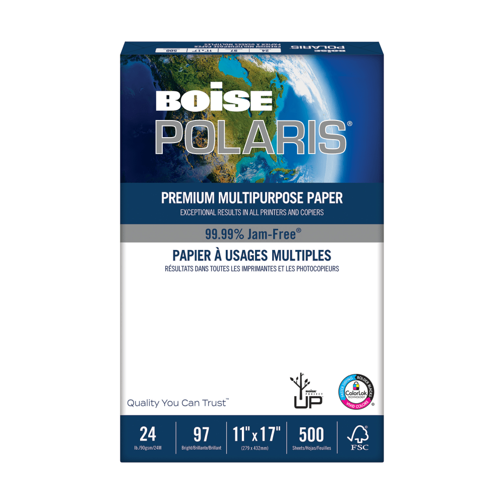 Boise POLARIS Premium Multi-Use Printer & Copy Paper, 1 Ream, White, Ledger (11in x 17in), 500 Sheets Per Ream, 24 Lb, 97 Brightness, FSC Certified