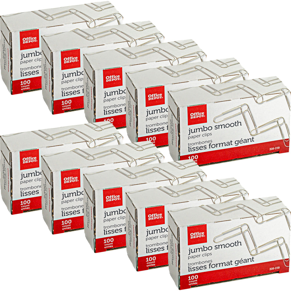 Office Depot Brand Paper Clips, Jumbo, Silver, Pack Of 10 Boxes, 100 Clips Per Box, 1,000 Total