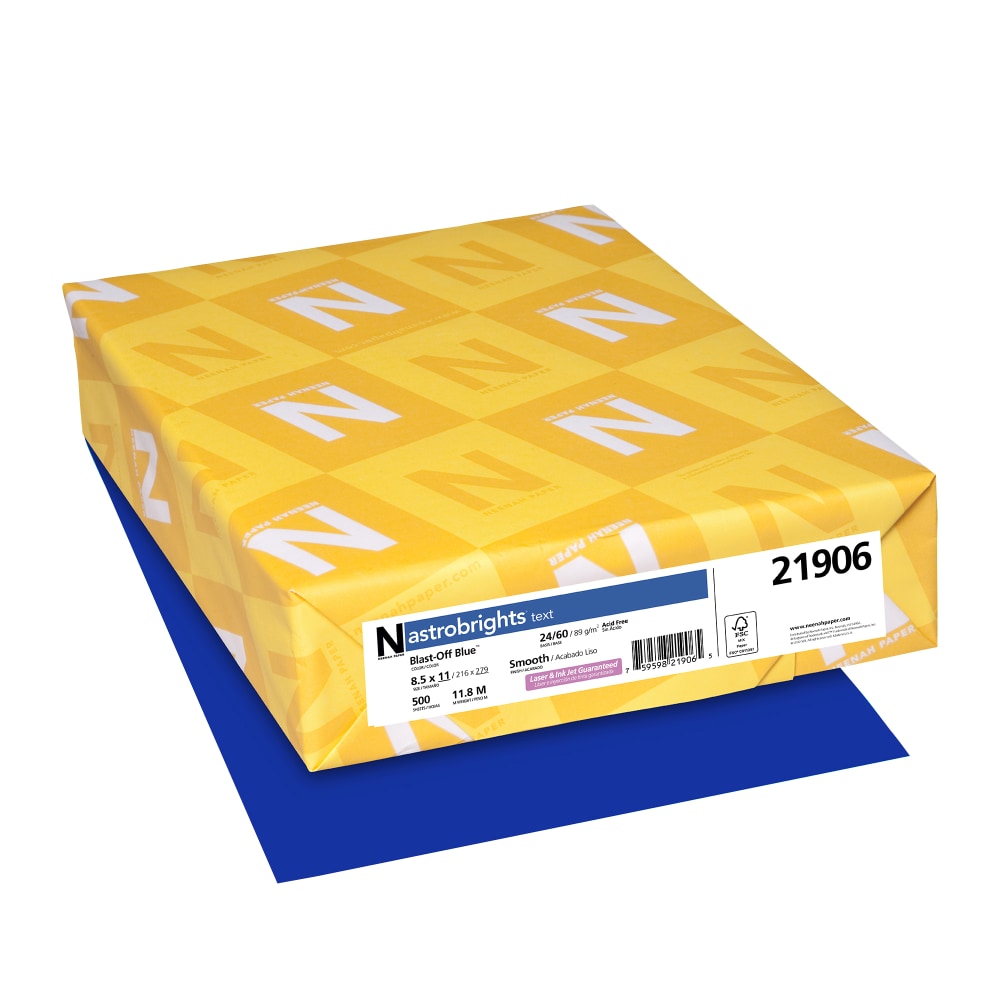 Astrobrights Color Multi-Use Printer & Copy Paper, 1 Ream, Blast-Off Blue, Letter (8.5in x 11in), 500 Sheets Per Ream, 24 Lb, 94 Brightness
