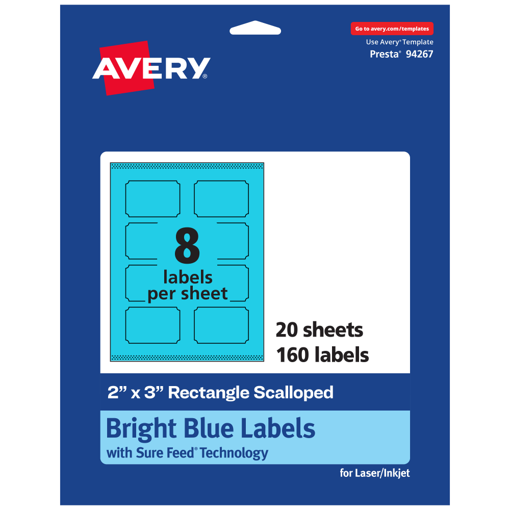 Avery Print-To-The-Edge Labels With Sure Feed Technology, 94267-BBP20, Rectangle Scalloped, 2in x 3in, Matte Bright Blue, Pack of 160