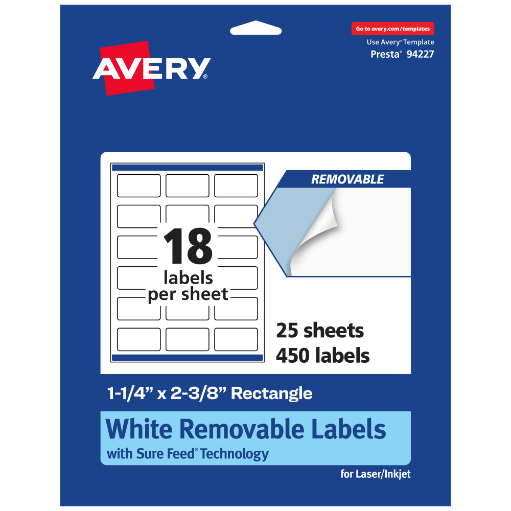 Avery Removable Labels With Sure Feed, 94227-RMP25, Rectangle, 1-1/4in x 2-3/8in, White, Pack Of 450 Labels